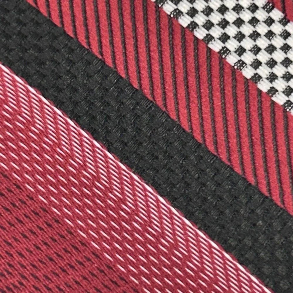 Mens 100% Silk Wide Striped Necktie Red Black White Self Tipped 60